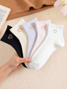 5 Pairs Women's Short Socks, Heart Pattern Ankle Socks, Simple And Comfortable, Suitable For All Seasons - Multicolor - View 3