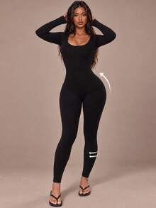 Women's Solid Color Ribbed Knit Long Sleeve Shapewear Jumpsuit, Simple Slim Fit Tummy Control Butt Lifting Body Shaper - Black - View 1