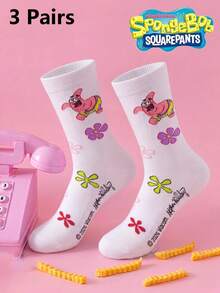 SpongeBob SquarePants 3/1 Pasang Kaos Kaki Wanita SquarePants, Kaos Kaki Setengah Betis Motif Bunga Warna-warni, Menarik, Musim Gugur/Dingin - MultiWarna - View 14