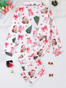 [Livanti Pajamas]2pcs Women's Long Sleeve Pajama Set, Collared Button-Down Shirt And Elastic Waist Loose Pants, Suitable For All Seasons, Comfortable And Loose Fit, New Christmas Santa Claus & Christmas Tree Print Design, Fall & Winter Clothes - White - View 10