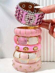 Pink Stackable Resin Bracelet Set, Exaggerated Wide Rhinestone Cross Bracelet, Bohemian Thick Marble Texture Gold Inlaid Personalized Bracelet, Party Holiday Fashion Jewelry, Perfect Gift For Girlfriend - Multicolor - View 2