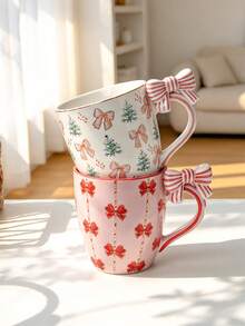 1pc Ceramic Coffee Mug With A 3D Bow Design, Featuring A Bow-Adorned Handle And Decorated With Charming Trees And Bows; A Lovely Tea And Milk Mug, Perfect For Kitchen Table Decor-An Elegant Gift For Girls - Multicolor - View 10