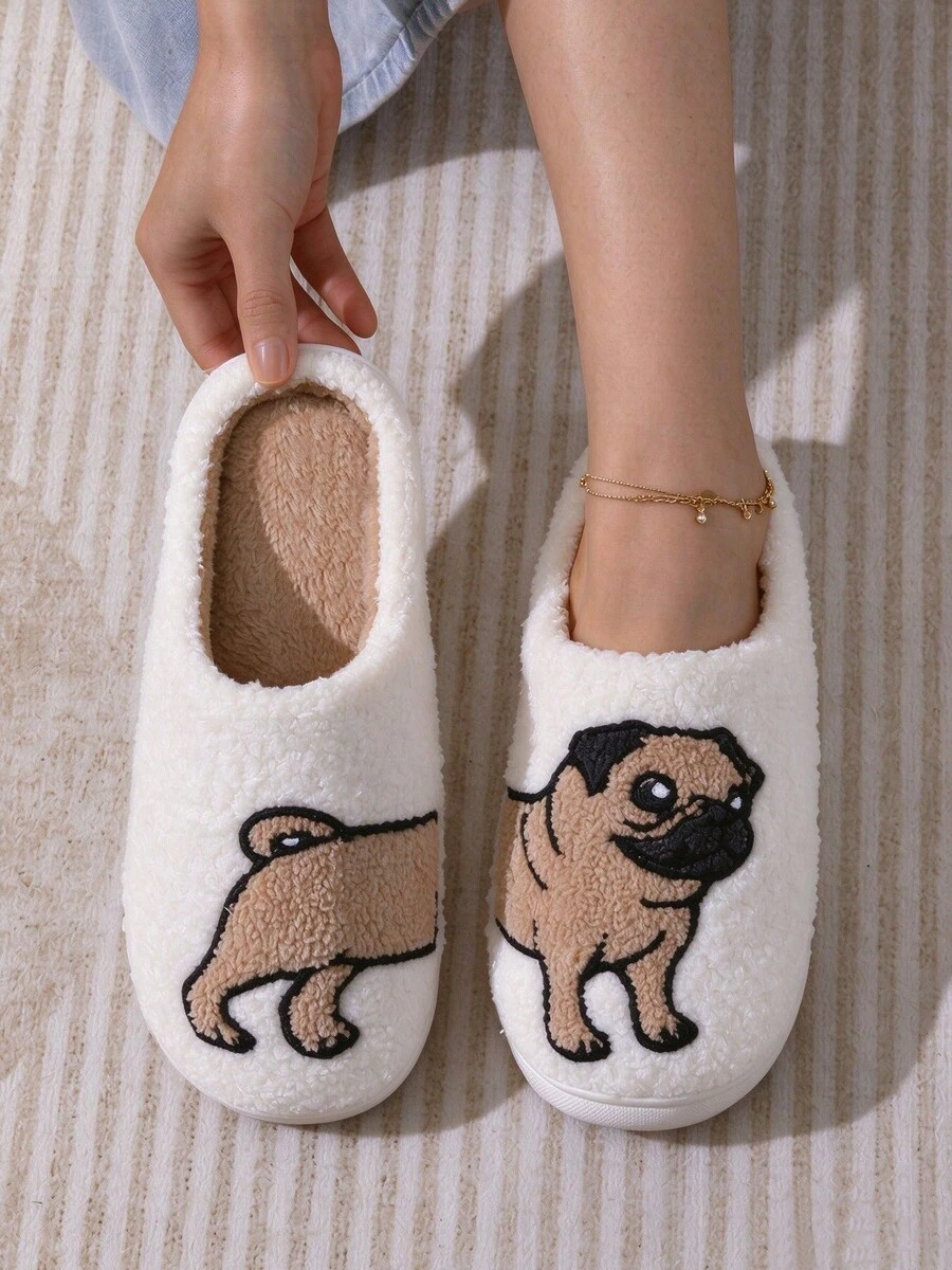Autumn/Winter Thermal Lined Closed-Toe Home Slippers, Cute Pug Cartoon Pattern, Thick Sole, Men's Indoor Casual Warm Slippers - White - View 1