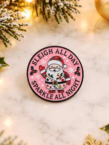 1pc Cute Christmas Style Metal Pink Snowflake Holly English Quote Round Santa Claus Brooch Men's Christmas Backpack Jacket Decoration Gift - Multicolor - View 2