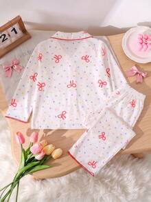 Girls' Bowknot Polka Dot Print Pajama Set, Lapel Front Button Long Sleeve Top + Long Pants, Contrast Piping Trim, Soft And Breathable, Cute Girl Pajamas - White - View 8