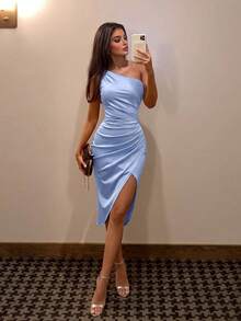 ADYCE Elegant One Shoulder Solid Color Pleated Accent Front Slit Date Night Dress Christmas Prom Gown Homecoming Wedding Guest Ball Birthday Party - Blue - View 1