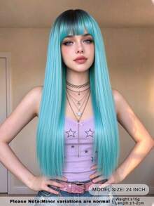 Blue Long Straight Wig With Bangs, Dark Roots, Synthetic Heat-Resistant Fiber Hair Halloween Costume Wig For Cosplay, Festival Party, Daily, Fashion Wig Accessories 24 Inch - Multicolor - View 3