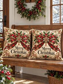 shangxia 2 cái vỏ gối sofa họa tiết in chữ Merry Christmas và nơ kẻ caro đỏ phong cách vintage, trang trí lễ Giáng sinh (không kèm ruột gối) - Nhiều màu - Xem 7