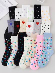 1/3/5/10 Pairs Random Women's Colorful Polka Dot Star Heart Pattern Comfortable Breathable Mid-Calf Socks - Multicolor - View 12