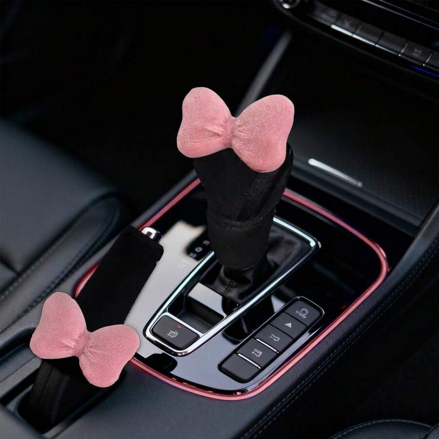 2pcs Plush Bow Cute Car Accessories Hand Brake Cover Gear Shift Cover Set Interior Decoration - A - View 1