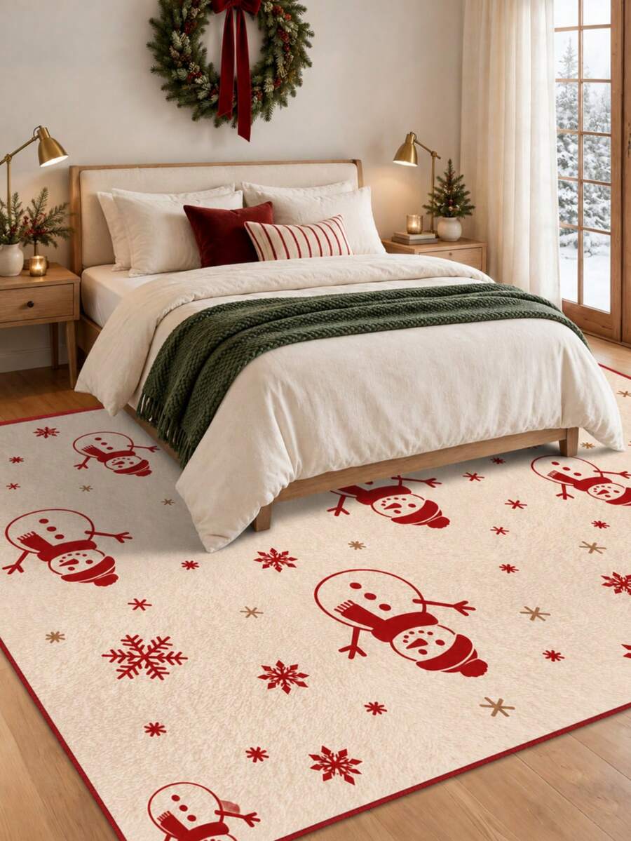1pc Christmas Area Rug, Red And White Snowflake Snowman Holiday Carpet, With Festive Winter Snowflake Print, Rectangular Indoor Floor Mat, Suitable For Living Room, Bedroom, Dining Room, Entryway, Fireplace, Seasonal Christmas Home Decor, Cozy Winter Room Decoration Rug - Multicolor - View 1