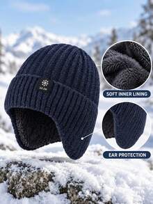 Unisex Fleece Lined Earflap Knit Beanie, Thick Ribbed Winter Windproof Warm Folded Skull Cap, Suitable For Outdoor Sports - Multicolor - View 2