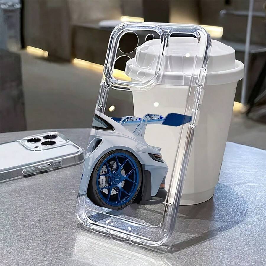 1件裝 藍色汽車尾翼簡約透明 TPU 手機殼,適用於 Apple 17 16 15 14 13 12 11 Plus Pro Max 系列,個性化 Ins 風格時尚保護殼 - 無色 - 查看 1