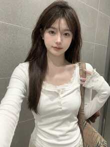 Women's Spring/Autumn Korean Style Colorblock Lace Ditsy Floral Button Down Long Sleeve Slim Fit T-Shirt Undershirt White Casual - White - View 1