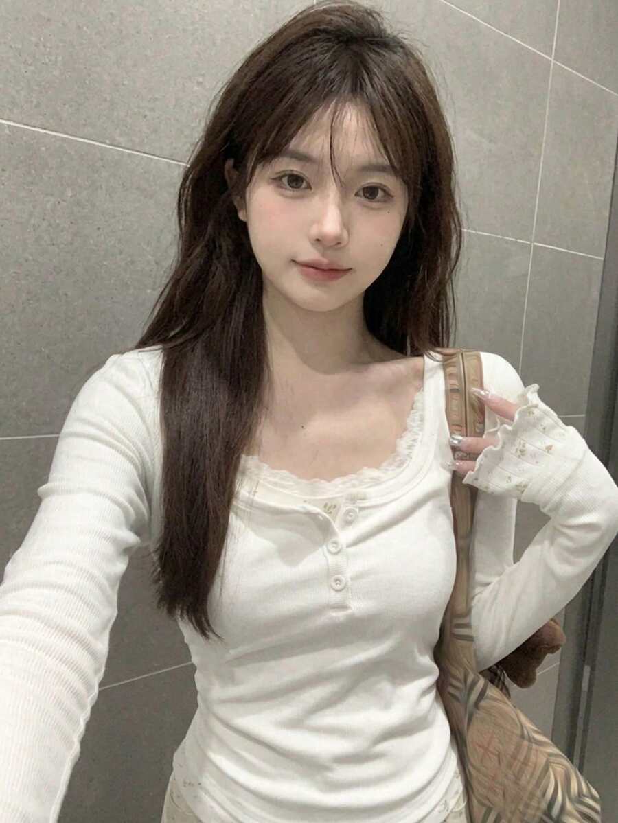 Women's Spring/Autumn Korean Style Colorblock Lace Ditsy Floral Button Down Long Sleeve Slim Fit T-Shirt Undershirt White Casual - White - View 1