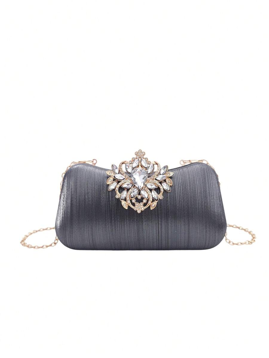 LJDCRFT Tas Clutch Malam Wanita Berhiaskan Rhinestone Motif Bunga dengan Casing Keras dan Rantai Emas yang Dapat Dilepas, Cocok untuk Pernikahan, Pesta Dansa, Pesta Koktail, dan Acara Formal. - Grey - View 1