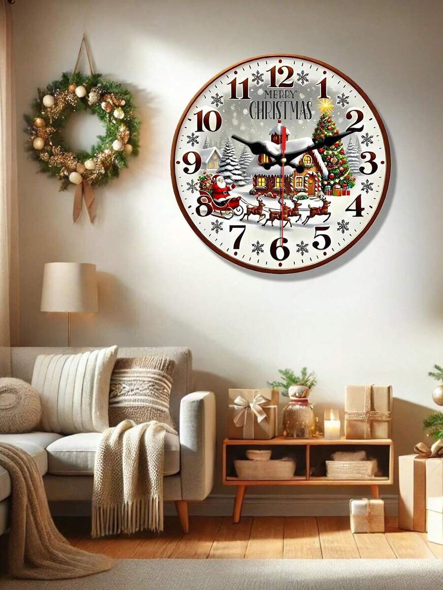 1 Pc 10 Inch/12 Inch Christmas Wall Clock – Vintage Santa Decor, Wooden Clock, Holiday Home Decoration, Unique Christmas Gift Idea - Multicolor - View 1