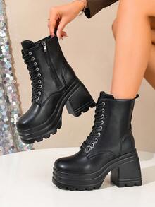 Women's Fashion Wedge Heel Thick Sole Snow Boots With Side Zipper - Black - View 1