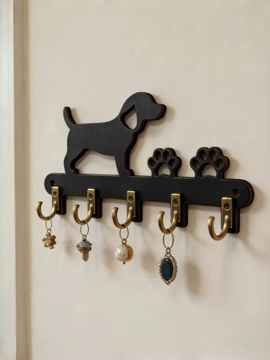 1-Piece Wall-Mounted Key Hook For The Entryway | Style Wall Key Holder | Wooden Wall Decor | Decorative Key Rack For The Entryway | Handcrafted Wooden Home Decor | Removable Wooden Key Holder - Black Puppy Keychain - View 1