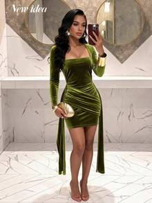 NEW IDEA Women Luxe Olive Green Winter Velvet Short Dress, Square Neck Long Sleeve Bodycon Mini Dress For Christmas, Cocktail, Party, Night Out - Green - View 4