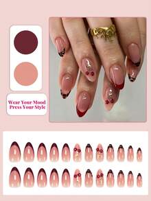 24pcs Medium Almond Shape Nail Stickers, Leopard Print French Manicure, Red 3D Cherry Pattern, Retro Full Coverage Style, Suitable For Women And Girls Daily Wear, Summer Nail Art Nails Nail Supplies - Multicolor - View 2