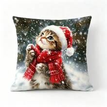 1PC Cute Christmas Cat With Red Santa Hat And Scarf Winter Snowflake Print Pillow Cover, Sofa Couch Cushion Home Decor - Multicolor - View 13