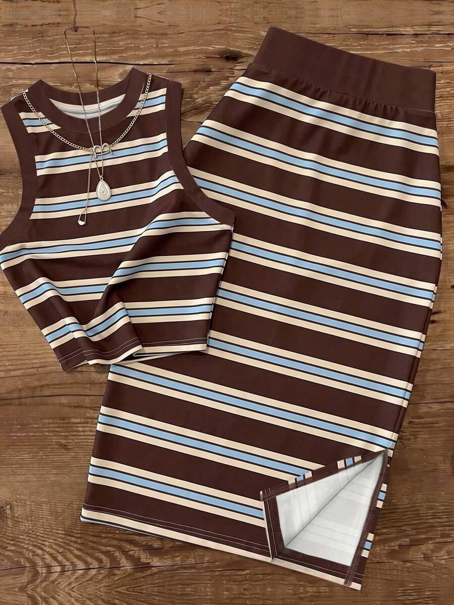 UREREM Women's Striped Colorblock Casual Elegant Party Ribbed Slit Beach Tank Dress 2-Piece Set, Knit Fabric 200g Slim Fit Summer Style