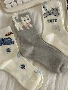 1/4/8 Pairs Women's Cartoon Cat Mid-Calf Socks, With Cute Letter Print, Ins Style Versatile Socks - Multicolor - View 6