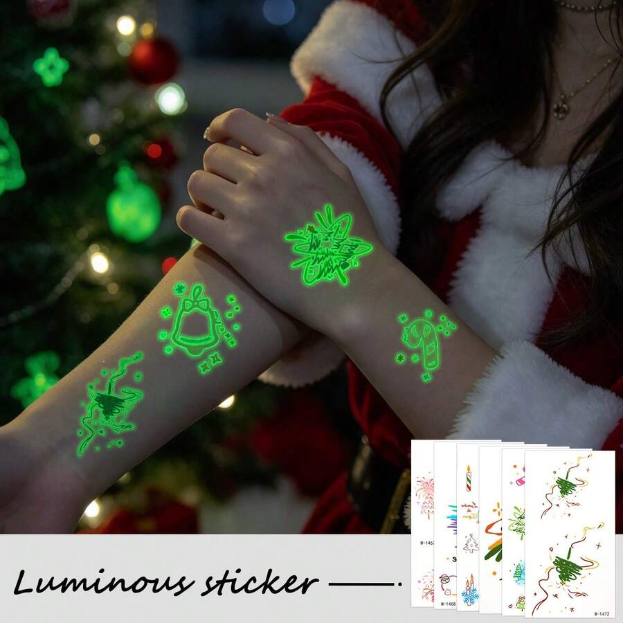 6 Sheets Luminous Christmas Temporary Tattoos, Glow In The Dark Xmas Tattoo Stickers With Christmas Tree, Bell, Candy Cane, Snowflake, Firework Patterns, Holiday Party Body Decorations - Multicolor - View 1