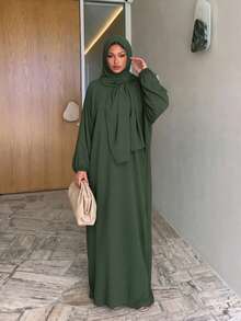 1件女款簡約日常祈禱頭巾 (Abaya) - 軍綠色 - 查看 2