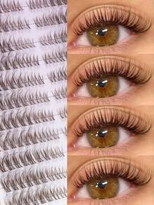 216pcs Brown Thin Dense False Eyelash Clusters, Long Voluminous Lash Tips, Create Mysterious Halloween Eye Makeup Effect, DIY Design With Self-Adhesive, Suitable For Witch Cosplay, Theme Night Events And Festive Occasions - D - View 1