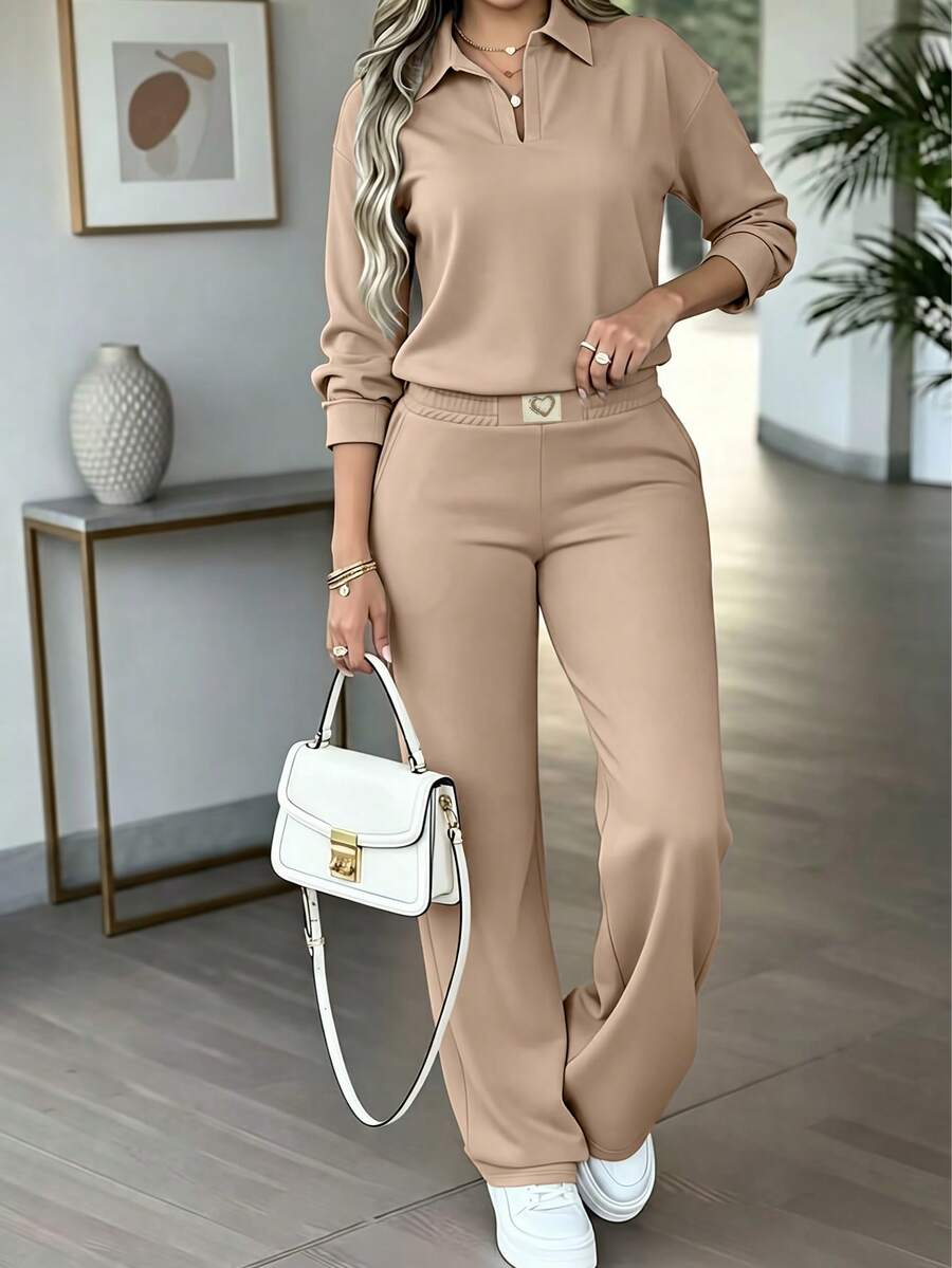 Women's New Fashion 2 Pieces Casual Set, Solid Color Long Sleeve Top With Heart Print Brand Long Pants, Spring/Autumn Outfit - Light Coffee - View 1