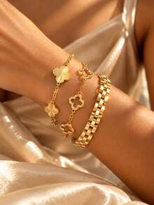 VceTd 1 Set Fashion Style Clover Stainless Steel Jewelry Set Suitable For Women's Fashion Commute Or Daily Wear - Yellow Gold - View 2