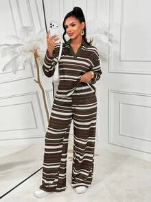 Women's Casual Striped Two Pieces Set, Oversized Collared Long Sleeve Top And Wide Leg Pants, Chic Fall Outfit With Slight Stretch Fabric - Multicolor - View 7