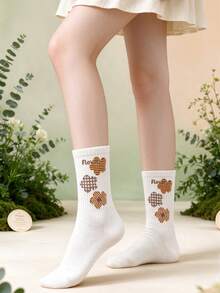 1/3/5 Pairs Retro Geometric Floral Women Crew Socks, White Ribbed Mid Calf Cotton Socks, Cute Aesthetic Daily Ladies Socks - Multicolor - View 4