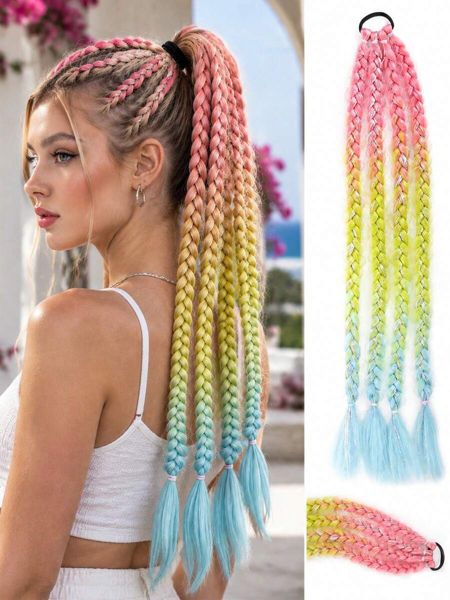 24-Inch 80gMacaron Ombre Braided Ponytail With Tinsel, Elastic Tie Multiple Box Braids Hair Extensions, Colorful Braided Hair Piece For Festival Vacation - Multicolor - View 1