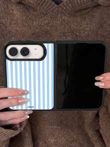 Minimalist Dual-Color Striped Pattern Design Foldable Phone Case, Compatible With IPhone Duo 18 Ultra, Cute Shockproof Shell, Gift - Blue - View 4