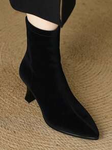 2026 Spring/Autumn New Pointed Toe Short Ankle Slim Boots With Stiletto Heel, Zipper And Elastic Fashion Boots - Black - View 1