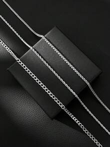 3PCS Layered Cuban Link Rope Chain & Wheat Chain Necklace Set For Men Stainless Steel Silver Tone Stacked Necklaces Hip Hop Streetwear Jewelry Gift - Silver - View 5