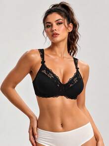 French Sexy Lace Patchwork Bra, Black Smooth Cup, V-Neck, Small Bow, Back Closure, Wireless Women's Lingerie - Black - View 6