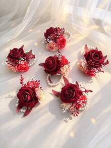 1pc/6pcs Artificial Silk Red Rose Flowers Bride Wrist Corsage,Sister Bridesmaid Hand Flower ,Wedding Flowers Party Decorations - Burgundy - View 8
