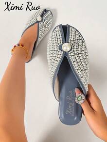 Ximi Ruo Women's Peep-Toe Cool Slides Spring New Fashion Outdoor Flat Rhinestone Closed Toe Slippers Slouchy Mule Shoes Internet Celebrity Closed Toe Slippers Women's Shoes Outdoor Spring Summer New Fashion Pointed Toe Chunky Heel Mule Shoes Rhinestone - Royal Blue - View 8