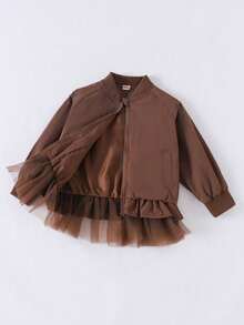 Girls Cute Jacket, Spring/Autumn Long Sleeve Fashion Retro Hoodie, Children's Lightweight Windbreaker With Mesh Patchwork - Brown - View 3