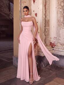 ADYCE Elegant Halter Tie Sweetheart Neckline High Waist Pleated High Slit Backless Floor Length Party Dress, Suitable For Prom, Birthday, Christmas, Wedding - Baby Pink - View 7
