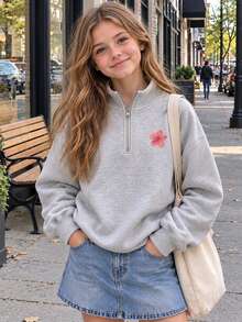 Tween Girl 1pc Printed Fleece Lined Thick Warm Turn-Down Collar Stand Collar Sweatshirt, Young Student Kids Clothing, Suitable For Children's Autumn/Winter Long Sleeve Top, Layering - Grey - View 2
