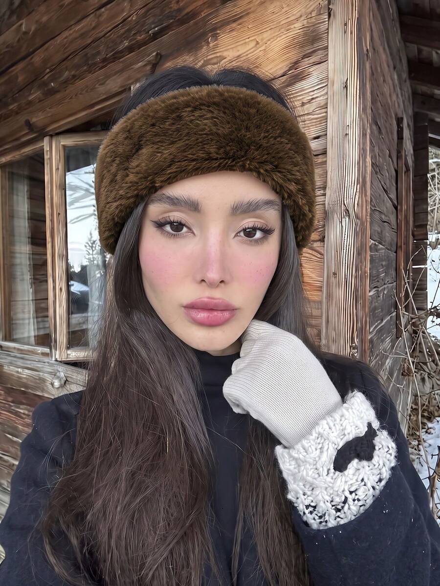 1pc Faux Fur Headband For Women Soft Fuzzy Plush Winter Ear Warmer Wide Elastic Hairband Fluffy Cold Weather Hair Accessories Fall Winter