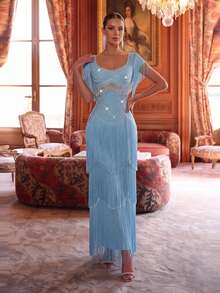 Modphy Light Blue U-Neck Heavy Rhinestone Tassel Evening Gown, Layered Tassel Slim Fit Maxi Dress, Suitable For Party And Stage - Baby Blue - View 1