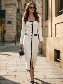Elegant Women's Long Sleeve Bodycon Sweater Dress With Front Buttons, Black Trim, And Side Slit - Beige - View 5