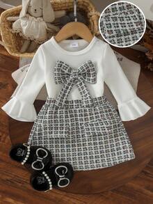 2pcs Baby Girl Cute Academy Style Bell Sleeve 3D Bow Ribbed Knit Top & Skirt Set, Thin For Spring/Autumn - White - View 1