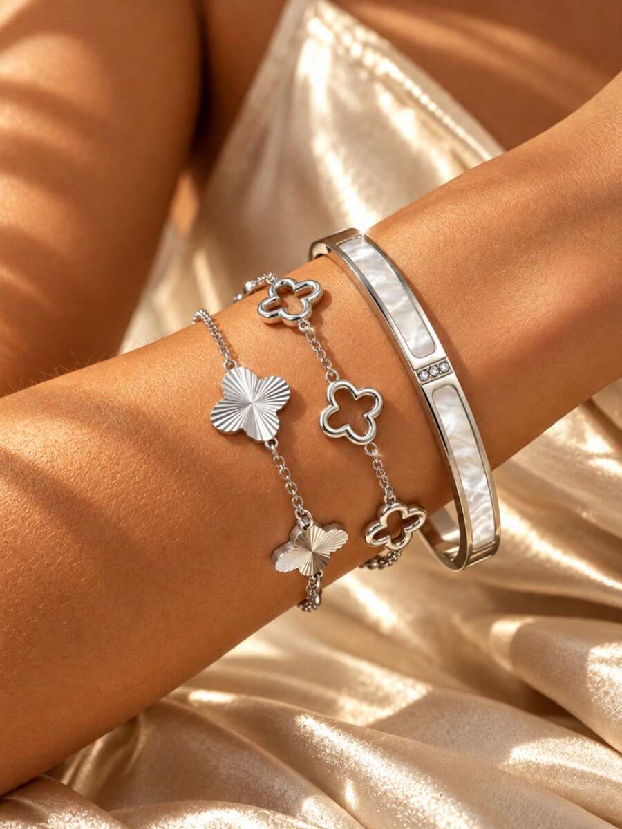 VceTd 1 Set Fashionable Clover Stainless Steel Jewelry Set Suitable For Women's Fashion Commute Or Daily Wear